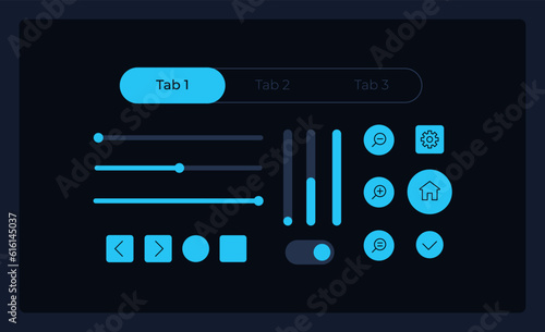 Manage options UI elements kit. User controls isolated vector components. Flat navigation menus and interface buttons template. Dark theme web design widget collection for mobile application
