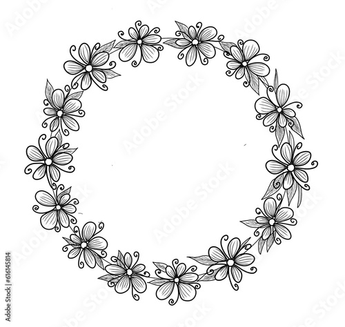 Hand-Drawn Line Art of Flowers and Leaves Circle Frame on Transparent PNG Background