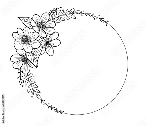 Hand-Drawn Line Art of Flowers and Leaves Circle Frame on a Transparent PNG Background for decorative card