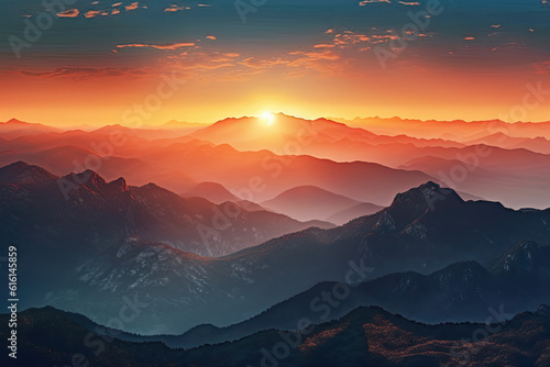 The fog and natural scenery of the outdoor mountain peaks under the sunset