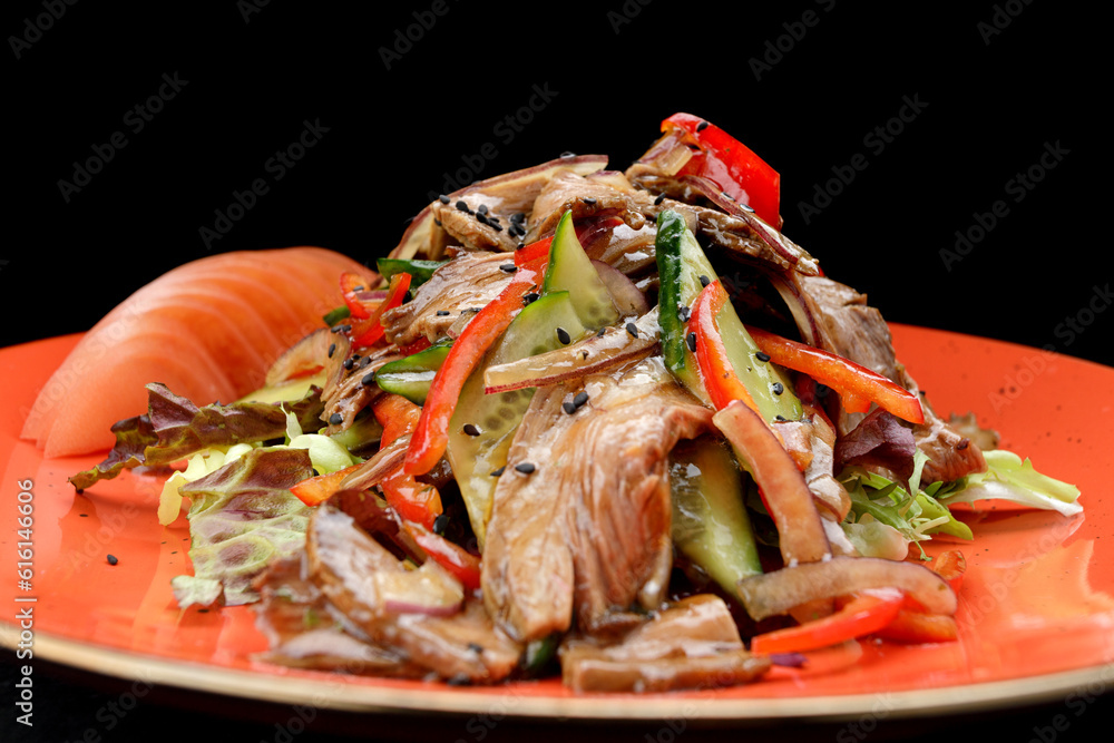 Salad with meat, fresh vegetables and sesame Salad with meat, fresh vegetables and sesame