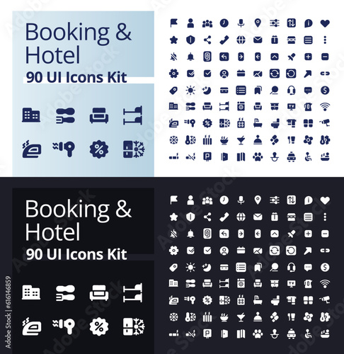 Booking and hotel glyph ui icons kit for dark, light mode. Accommodation for tourist. Silhouette symbols for night, day themes. Solid pictograms. Vector isolated illustrations. Poppins font used