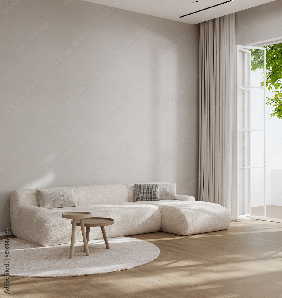 Minimalist modern living room interior background, living room mock up in scandinavian style, empty wall mockup, 3d rendering - obrazy, fototapety, plakaty 