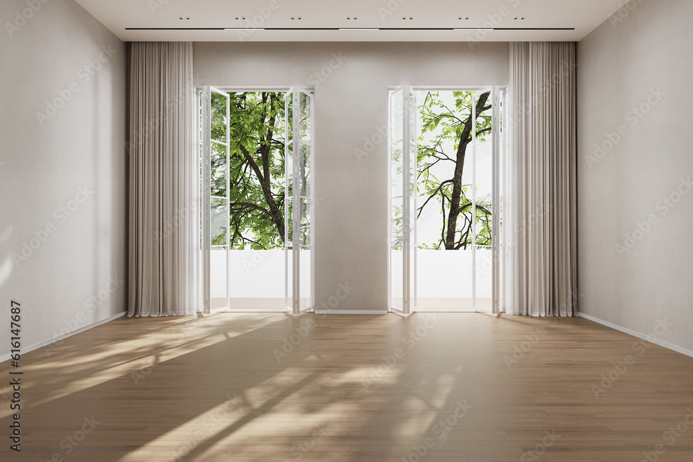 Obraz premium Empty elegant living room with sunlight and shadows, 3d rendering