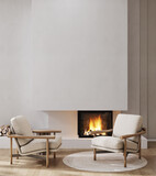 Minimalist living room interior with modern fireplace, armchair and beige plasters walls. Interior mockup, 3d render