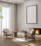 Vertical poster frame mock up in scandinavian style living room interior, modern living room interior background, 3d rendering