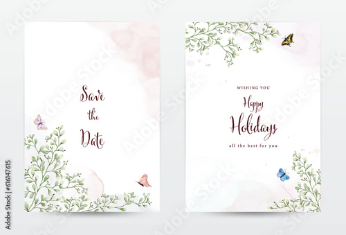Foliage and butterflies watercolor for invitation template cards set