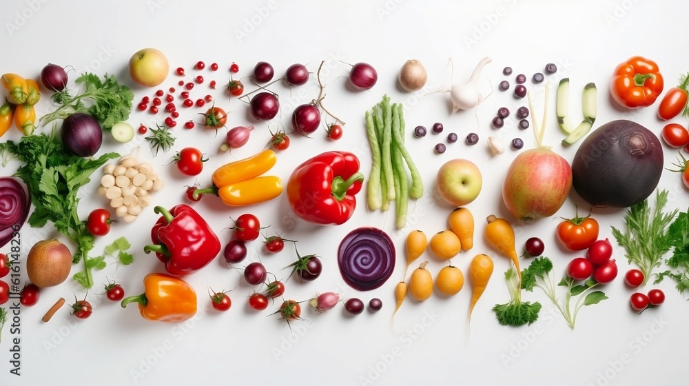 Farm-to-table vegetables spread on a white table background colorful Farm-to-table vegetables spread on a white table background colorful