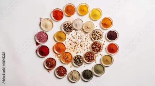 A circle of rows of seasoning condiments and spices for preparing meals on a white background