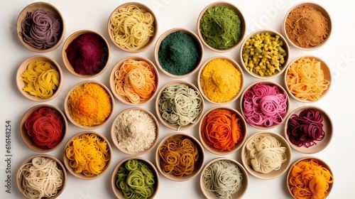 Rows lines of bowls of homemade healhty vegan organic pasta and colorful spaghetti view from the top 