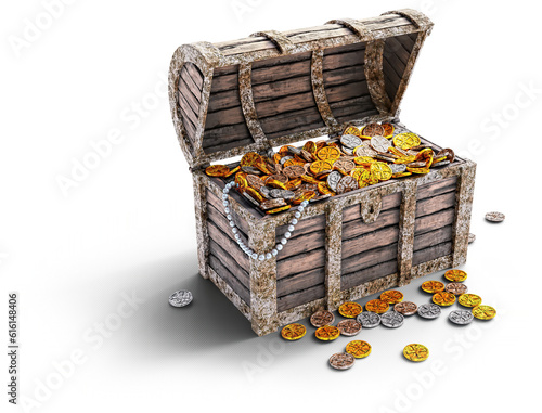 detailed 3d illustration render of an old rusted wooden pirate treasure chest full of golden coins and pearls isolated from background