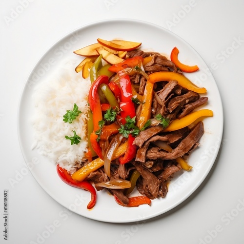 view from the top lomo saltado de carne Peruvian steak with rice latin american foods