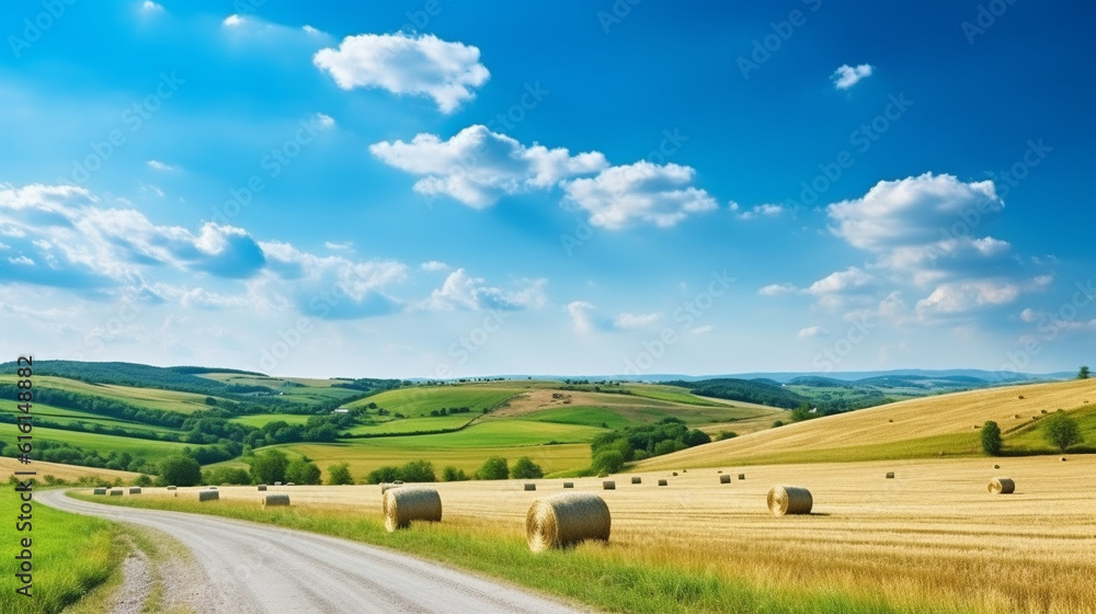 Summer panoramic natural landscape. Wide panorama of countryside with serpentine road and green meadows and forests on hills with beautiful lighting