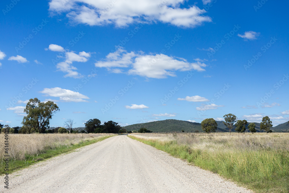 White gravel dirt road between farm paddocks - country backroad White gravel dirt road between farm paddocks - country backroad