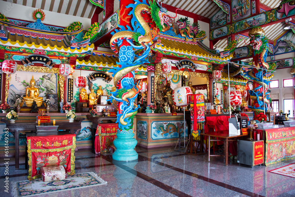 Guan Yu or San Chao Rong Thong Chinese Shrine for thai people travelers travel visit and respect praying blessing angel deity god buddha at Wiset Chai Chan city on May 28, 2023 in Ang Thong, Thailand
