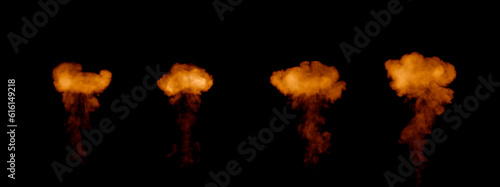 Four various flaming mushroom explosions  isolated - object 3D rendering