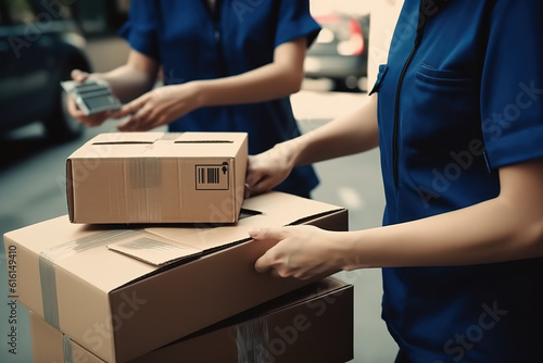 The parcels of the parcel send to the package through the service. The consignment hand submits the customer to the delivery of the delivery person's box.