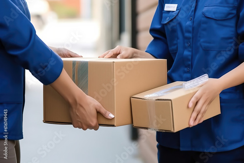 The parcels of the parcel send to the package through the service. The consignment hand submits the customer to the delivery of the delivery person's box.