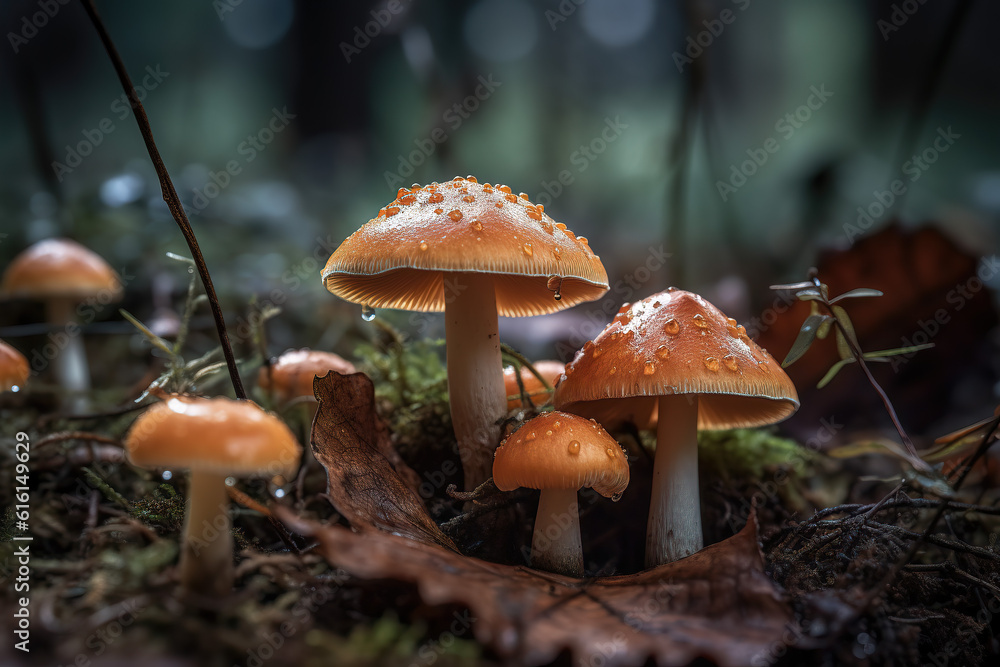 A group of small mushrooms growing on the forest floor and grass A group of small mushrooms growing on the forest floor and grass