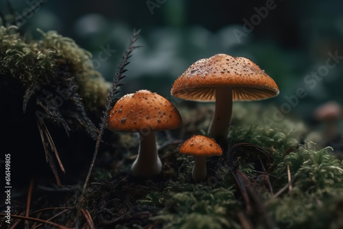 A group of small mushrooms growing on the forest floor and grass