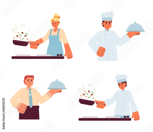 People cooking semi flat colorful vector characters set. Editable thin line half body of male and female on white. Food serving. Simple cartoon spot illustration pack for web graphic design photo