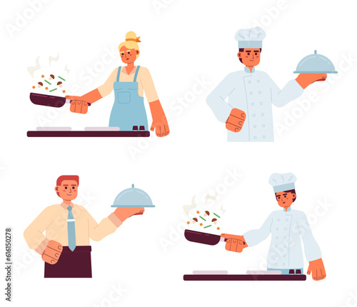 People cooking semi flat colorful vector characters set. Editable thin line half body of male and female on white. Food serving. Simple cartoon spot illustration pack for web graphic design
