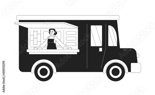 Happy girl in food truck monochromatic flat vector character. Editable thin line half body female chef cooking and selling street food on white. Simple bw cartoon spot image for web graphic design