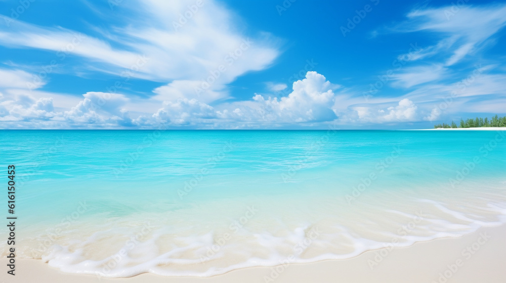 Beautiful sandy beach with white sand on Sunny day on background white clouds in blue sky. colorful perfect panoramic natural landscape