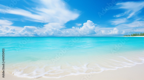 Beautiful sandy beach with white sand on Sunny day on background white clouds in blue sky. colorful perfect panoramic natural landscape