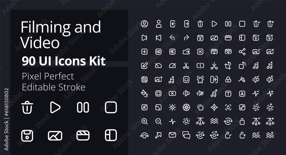 Video production pixel perfect white linear ui icons kit for dark theme. Filmmaking software. Footage settings. Isolated user interface symbols for night mode. Vector line pictograms. Editable stroke
