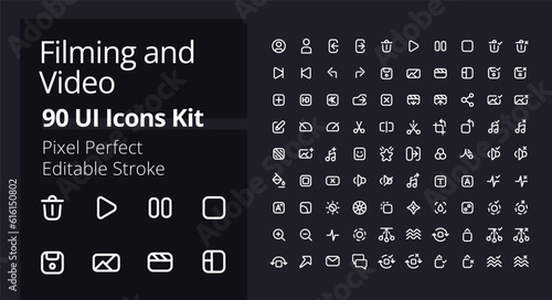 Video production pixel perfect white linear ui icons kit for dark theme. Filmmaking software. Footage settings. Isolated user interface symbols for night mode. Vector line pictograms. Editable stroke