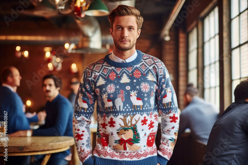 man in funny and ugly Christmas sweater photo