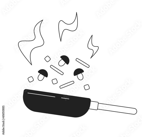 Vegetables in wok frying pan monochrome flat vector object. Cooking process. Editable black and white thin line icon. Simple cartoon clip art spot illustration for web graphic design photo