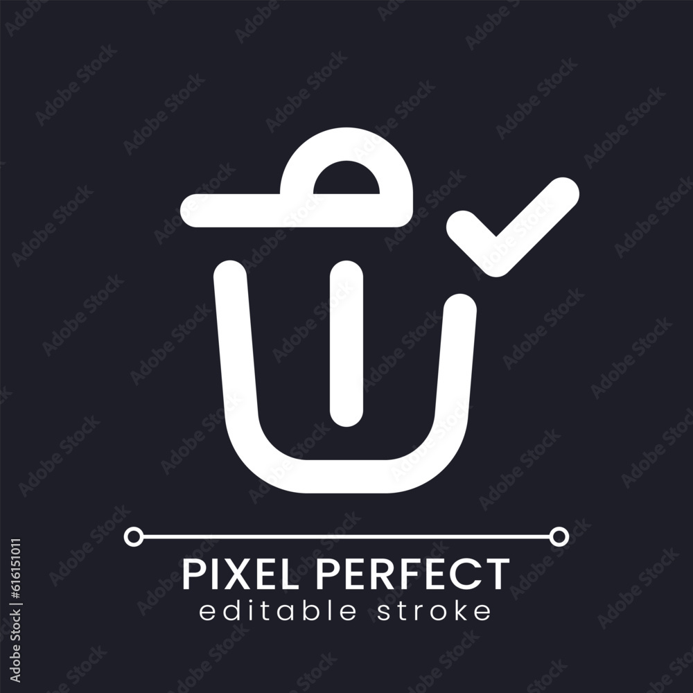 Successfully deleted pixel perfect white linear ui icon for dark theme. Removing confirm. Bin with check mark. Vector line pictogram. Isolated user interface symbol for night mode. Editable stroke Successfully deleted pixel perfect white linear ui icon for dark theme. Removing confirm. Bin with check mark. Vector line pictogram. Isolated user interface symbol for night mode. Editable stroke