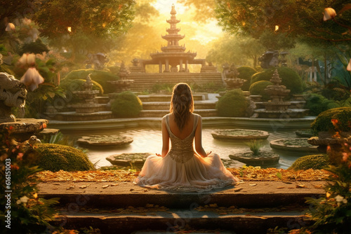 illustration of meditation of young girl in magic tropical forest