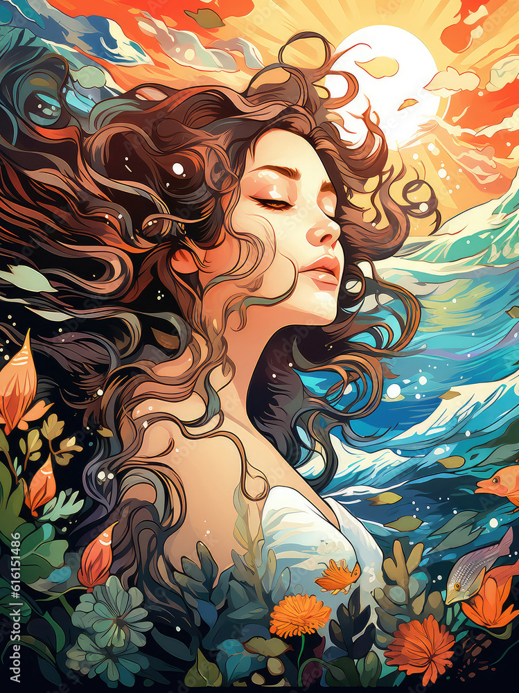 Colorful illustration of a young woman in the sea