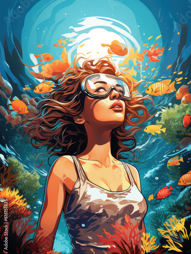 Colorful illustration of a young woman in the sea