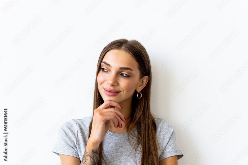 Thoughtful woman smiling pleased, dreaming or imaging perfect plan, have interesting idea, thinking isolated on white Thoughtful woman smiling pleased, dreaming or imaging perfect plan, have interesting idea, thinking isolated on white