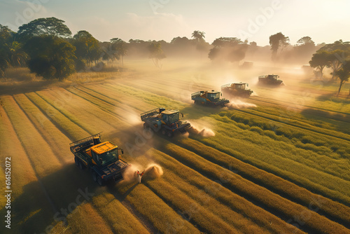 AI harvester agricultural machines harvest gold and mature wheat fields.
