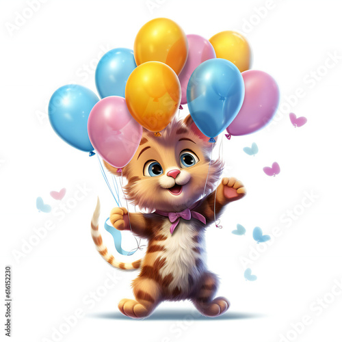 Happy Birthday, Cat holding balloons. Generative AI.