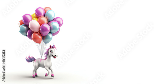 Unicorn holding balloons. Happy birthday card with an isolated background. Generative AI.