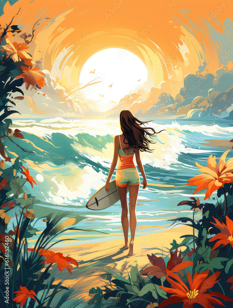 Colorful illustration of a young woman with a surfboard