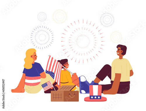 Independence day family fireworks flat vector spot illustration. Mixed race couple with kid on fourth of july picnic 2D cartoon characters on white for web UI design. Isolated editable hero image