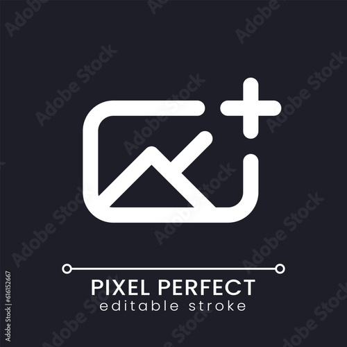 Add image pixel perfect white linear ui icon for dark theme. Insert photo into footage. Editing tool. Vector line pictogram. Isolated user interface symbol for night mode. Editable stroke