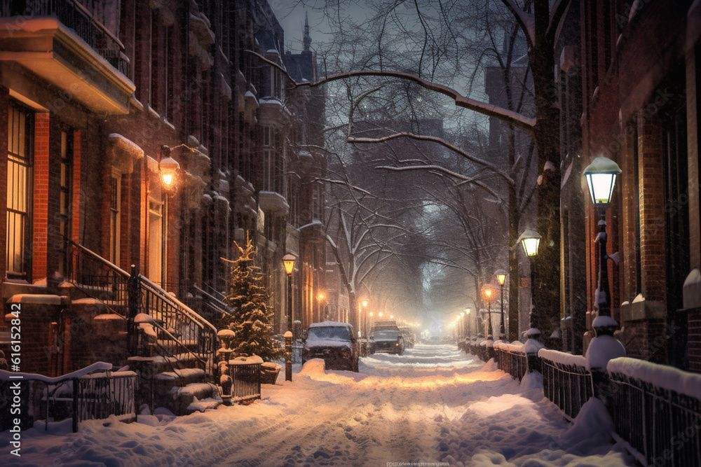 City street in snow at night, nobody