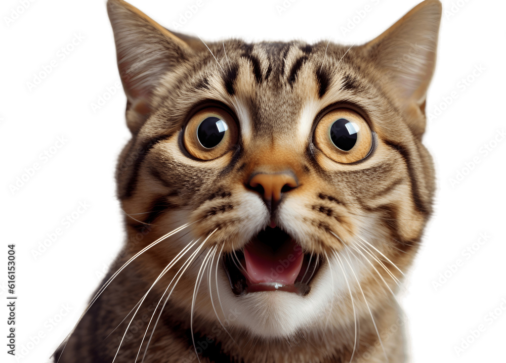 Tabby cat looking shocked with mouth open, Generative AI