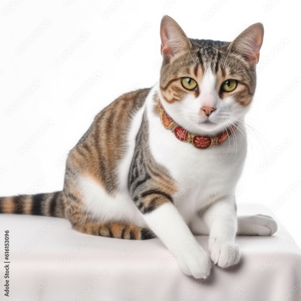 Russian White Black and Tabby cat cat isolated on white background. Generative AI
