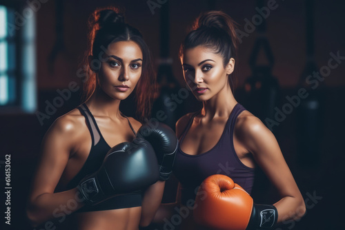 A group of three young women in boxing gear poses for a photo in a gym. Generative Ai