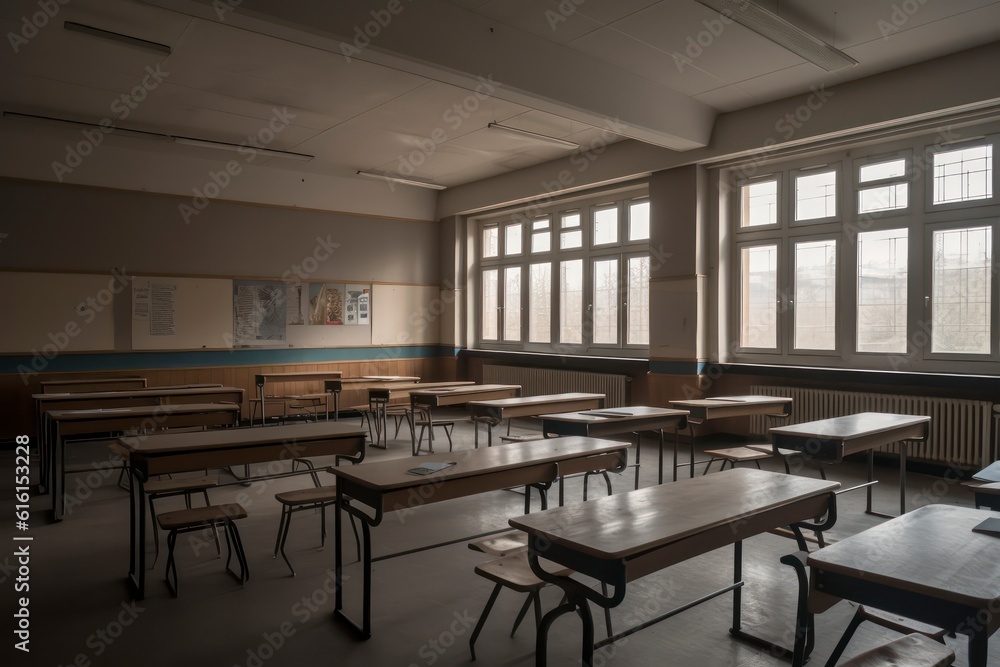 Photo classroom with school desks and greenboardempty school classroom. Generative AI Photo classroom with school desks and greenboardempty school classroom. Generative AI