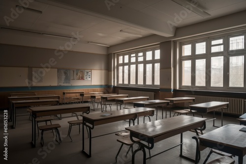 Photo classroom with school desks and greenboardempty school classroom. Generative AI